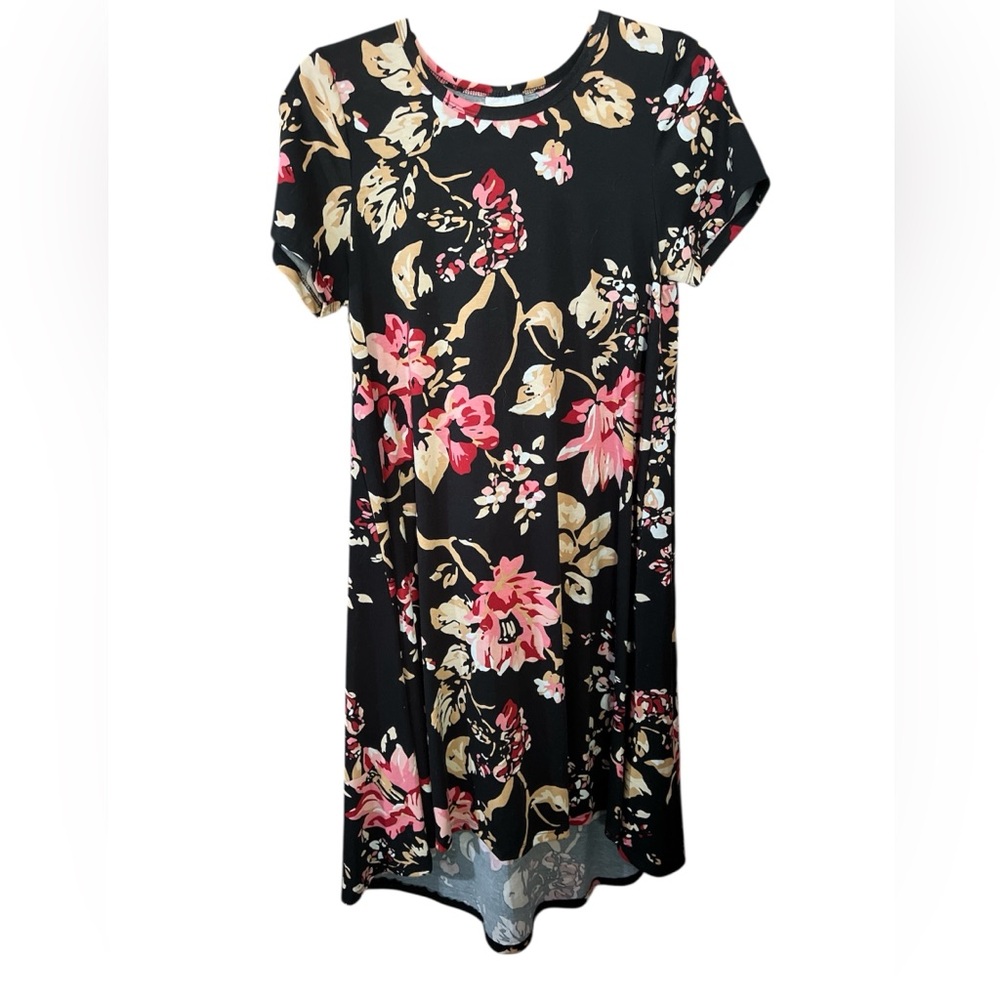 Floral Black Dress with Pink and Beige Accents Arm pit to arm pit 18 inches